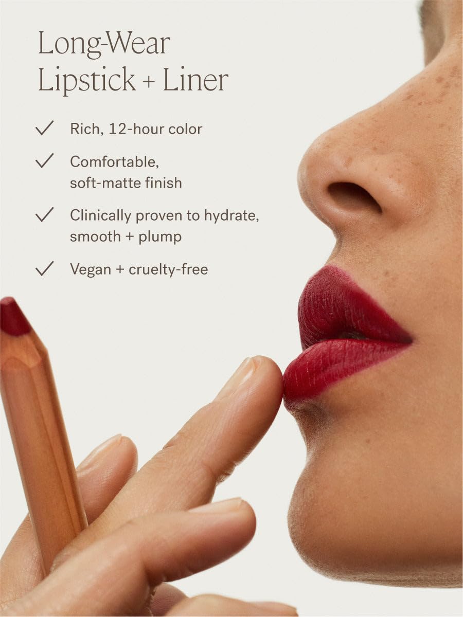 ILIA Mini Multi-Stick At Last mauve-rose applied on cheeks and lips for a cohesive look.