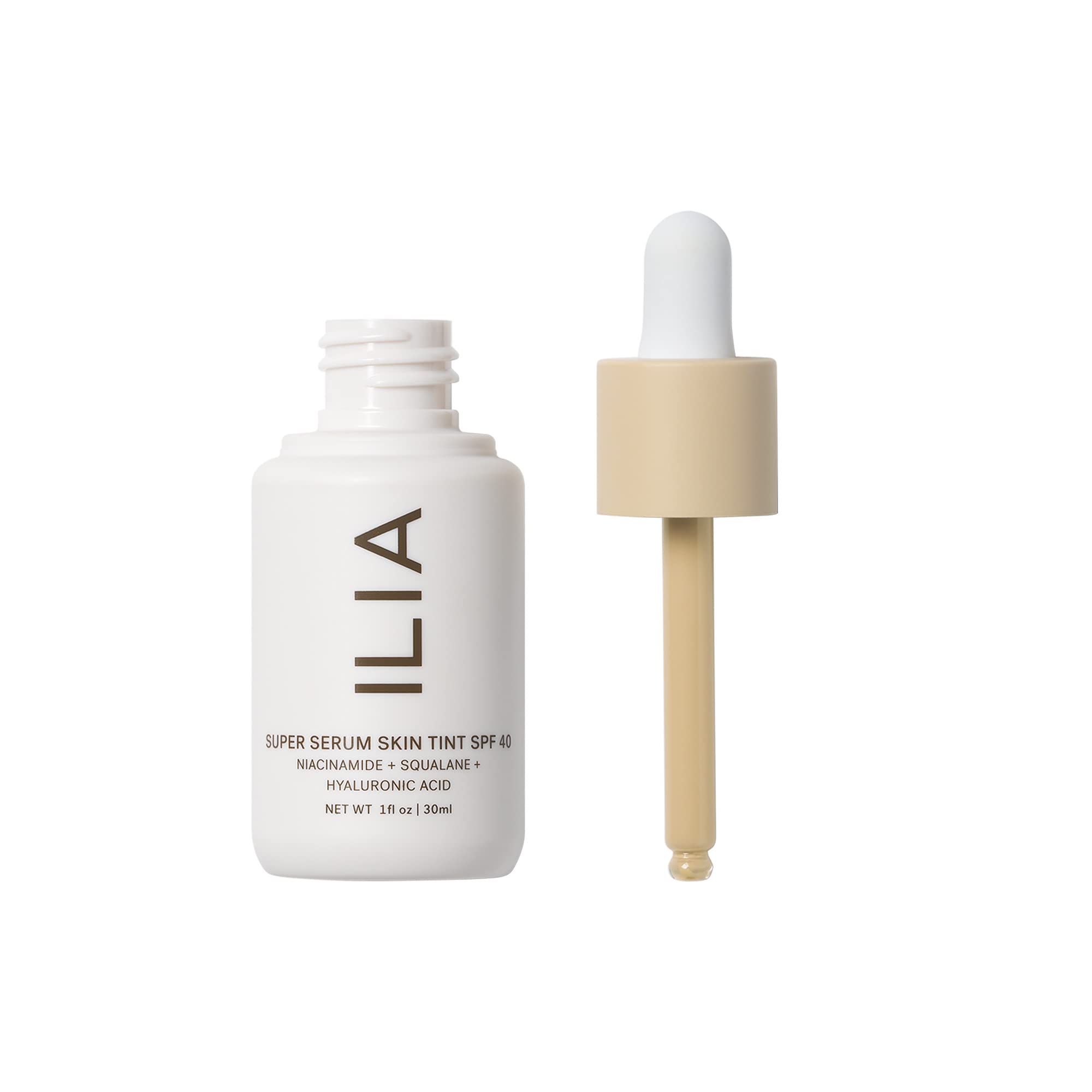ILIA Super Serum Skin Tint SPF 40 application brush showcasing quick blend and natural glow