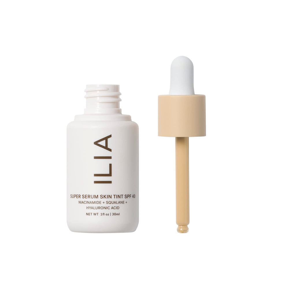 ILIA Super Serum Skin Tint SPF 40 application brush showcasing quick blend and natural glow