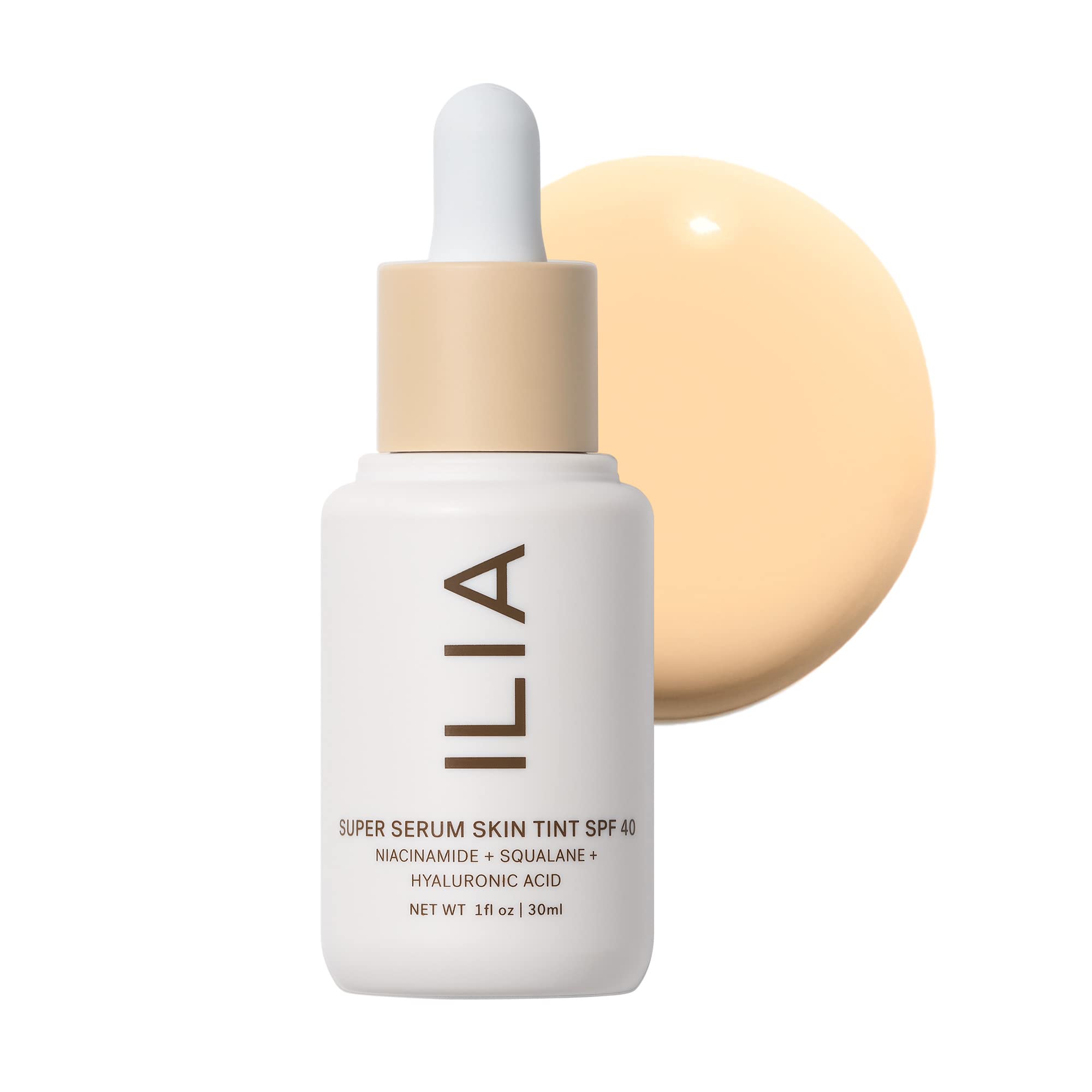ILIA Super Serum Skin Tint SPF 40 bottle closeup with dewy finish and protective sunscreen