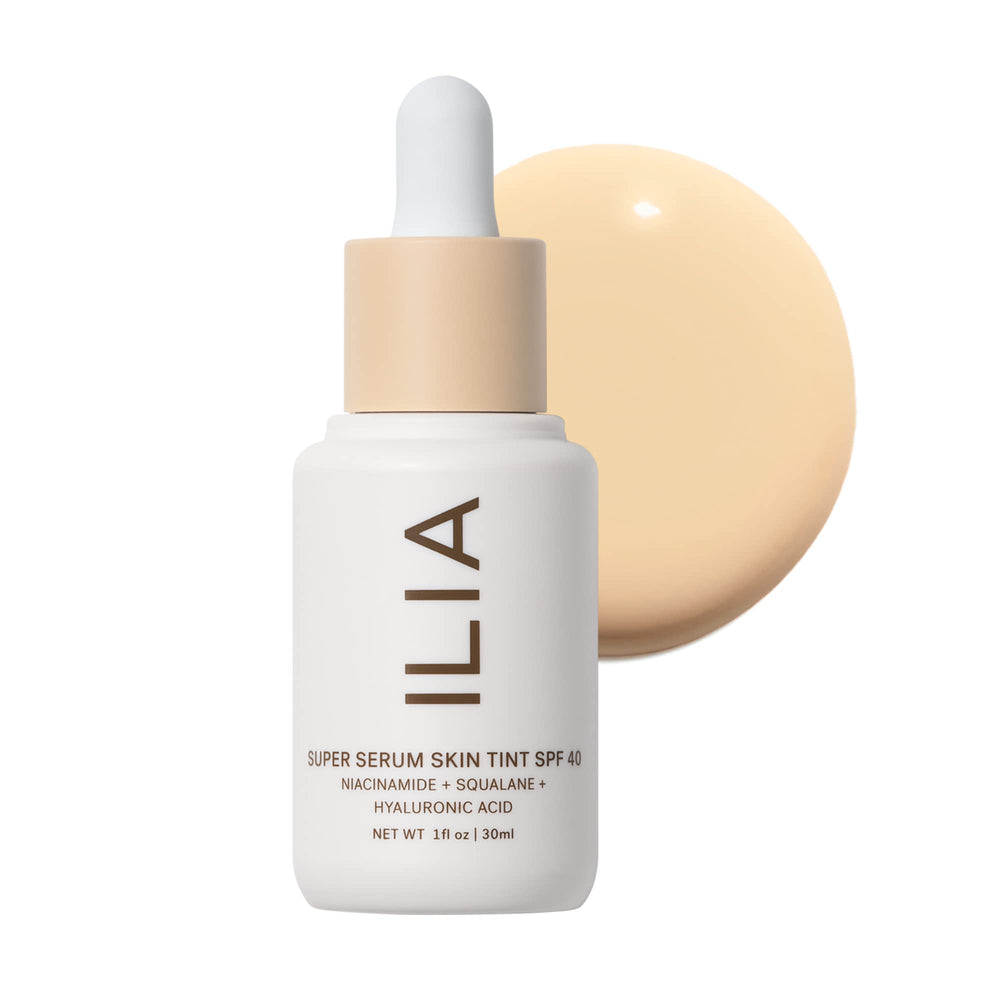 ILIA Super Serum Skin Tint SPF 40 bottle close-up showing dewy lightweight coverage.