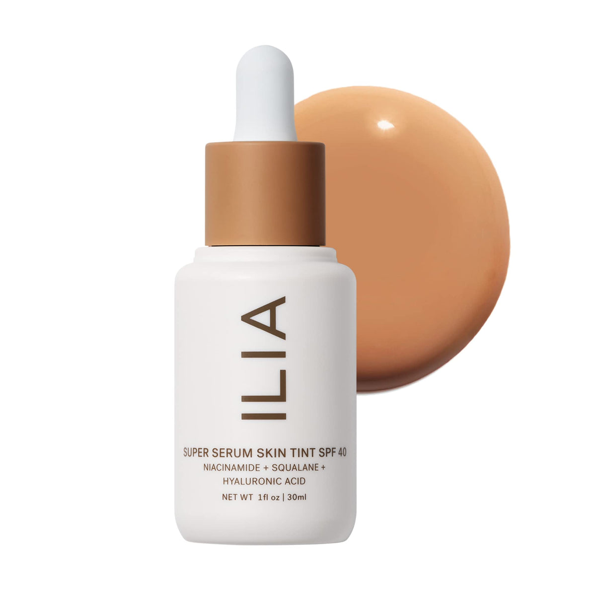 ILIA Super Serum Skin Tint SPF 40 bottle shows dewy finish for everyday radiance.