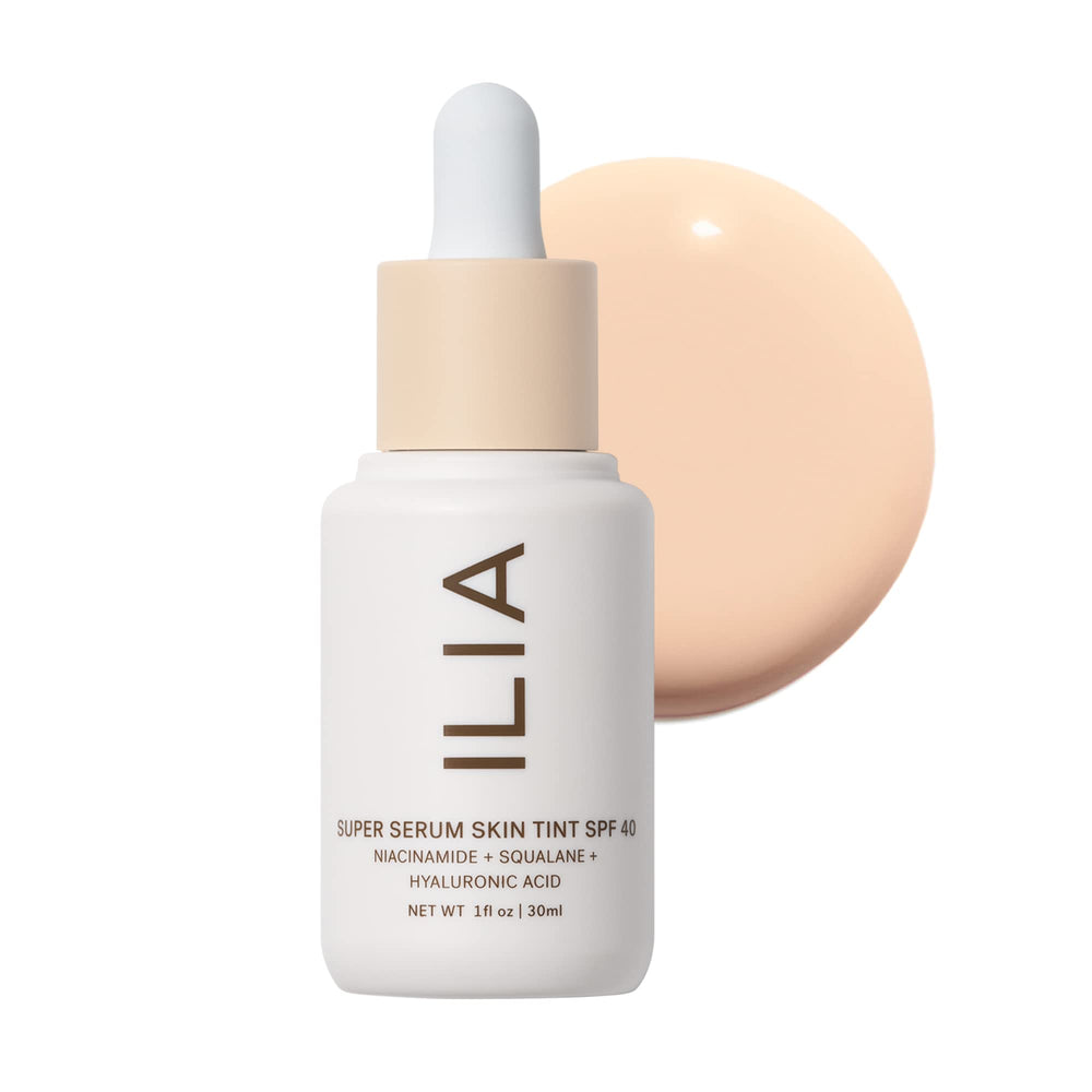 ILIA Super Serum Skin Tint SPF 40 bottle with dewy finish for natural glow