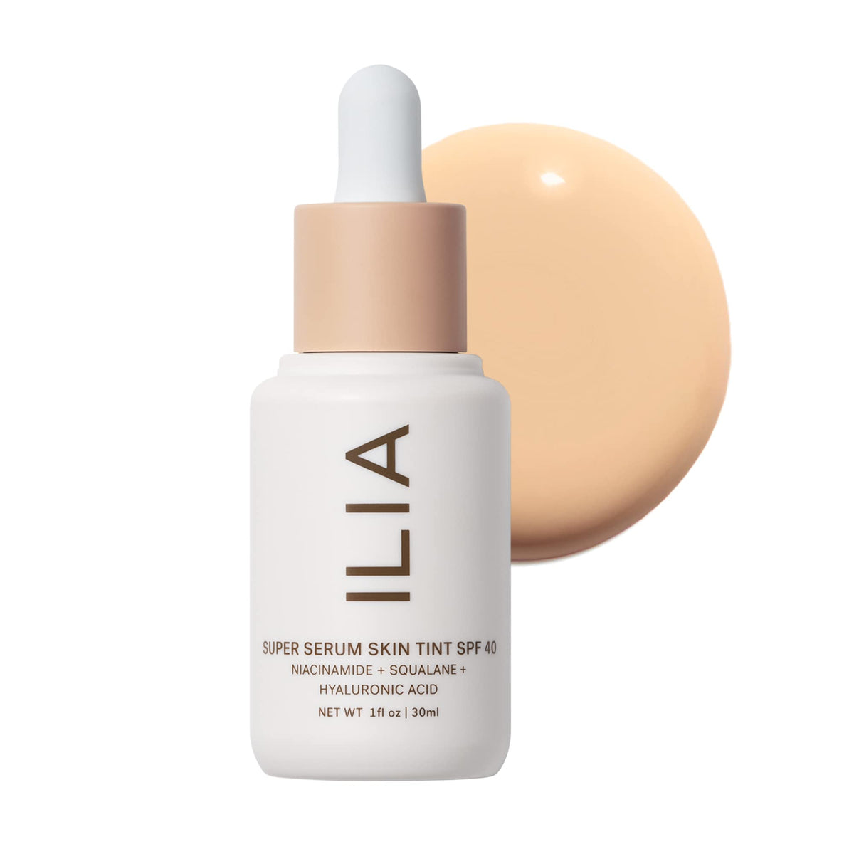 ILIA Super Serum Skin Tint SPF40 closeup showing dewy glow and natural radiance
