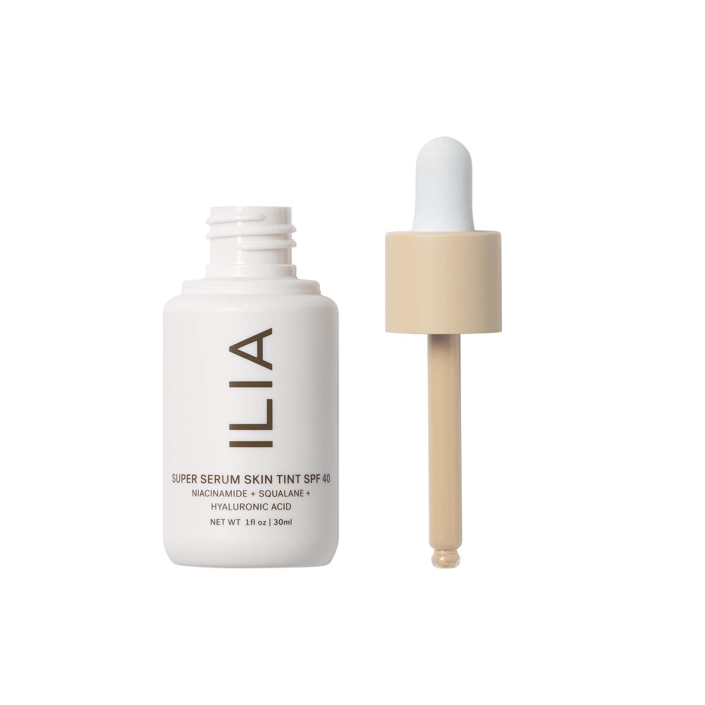 ILIA Super Serum Skin Tint SPF 40 packaging emphasizes vegan, fragrance-free formula.