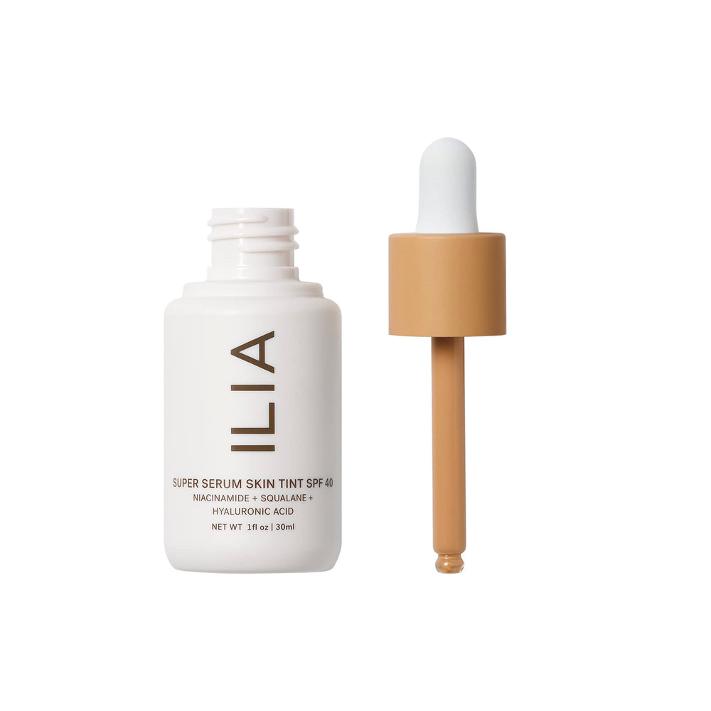 ILIA Super Serum Skin Tint SPF 40 swatch reveals sheer coverage and glow.
