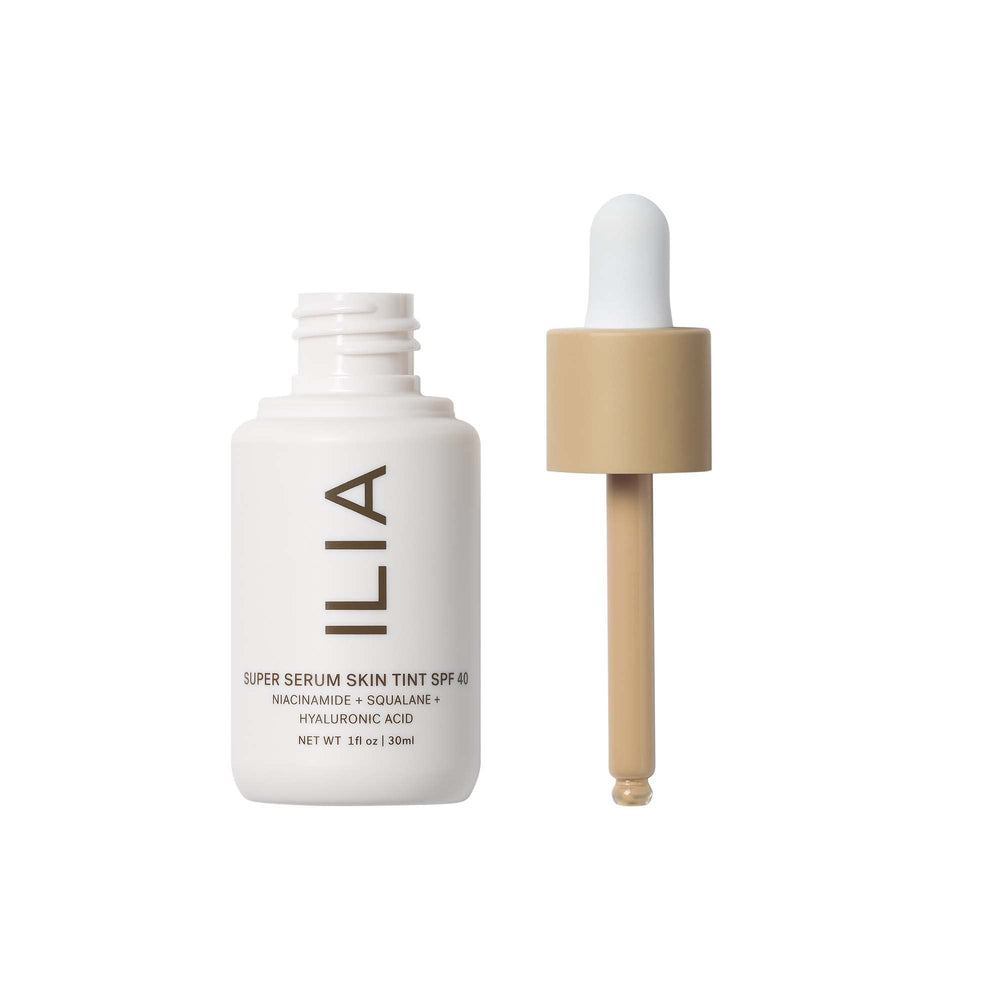 ILIA Super Serum Skin Tint SPF 40 vegan packaging emphasizes clean beauty.