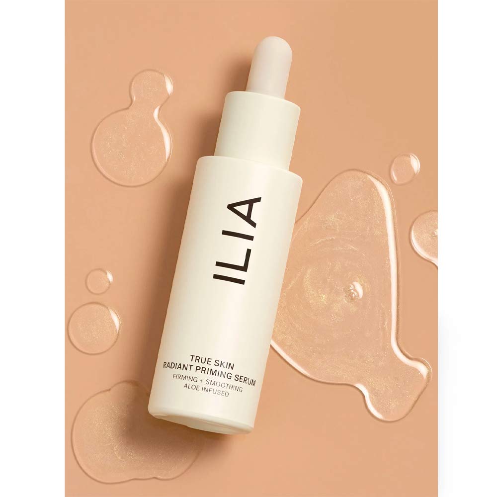 ILIA True Skin Radiant Priming Serum packaging emphasizes vegan, cruelty-free, sustainable design