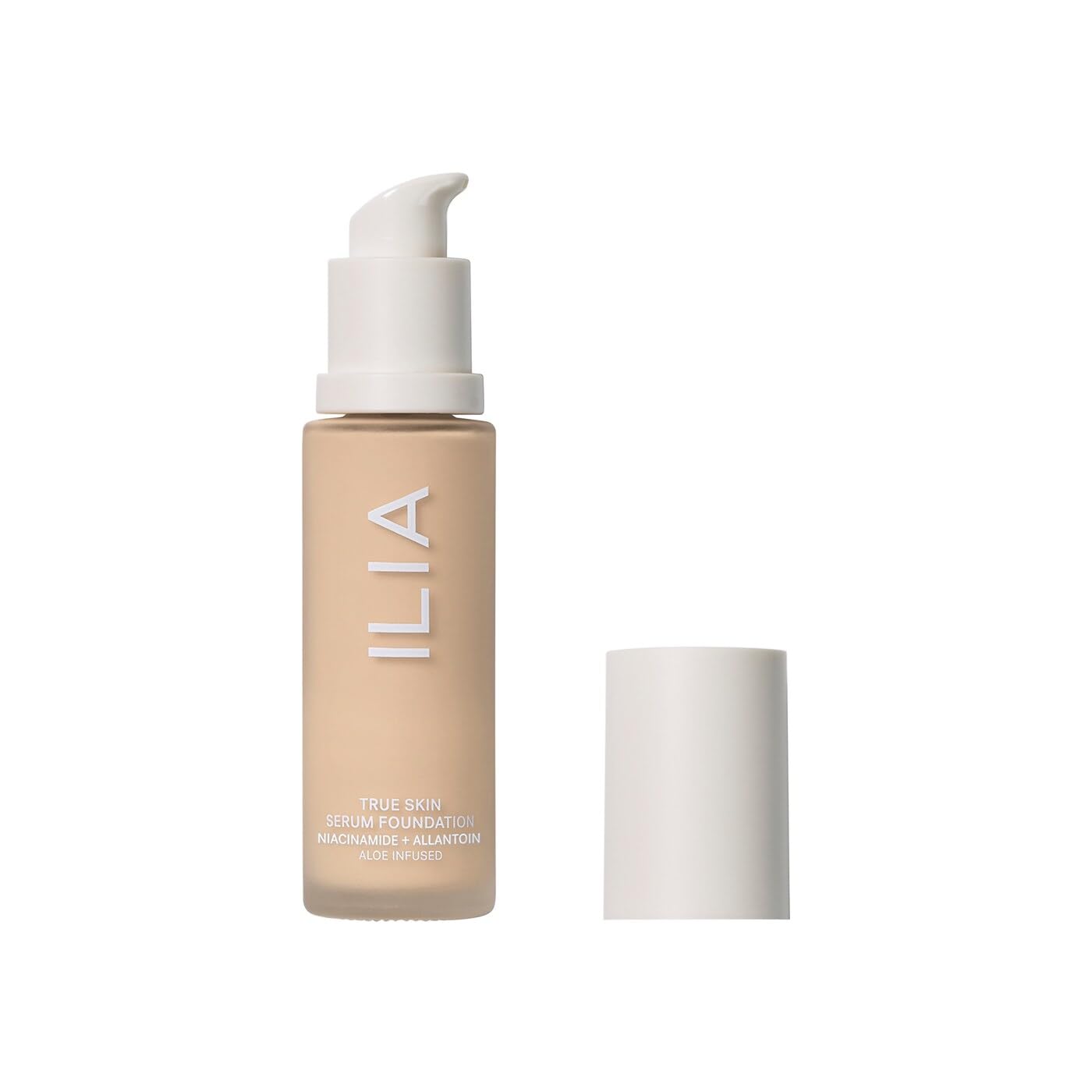 ILIA True Skin Serum Foundation bottle and pump showing weightless coverage for sensitive skin.