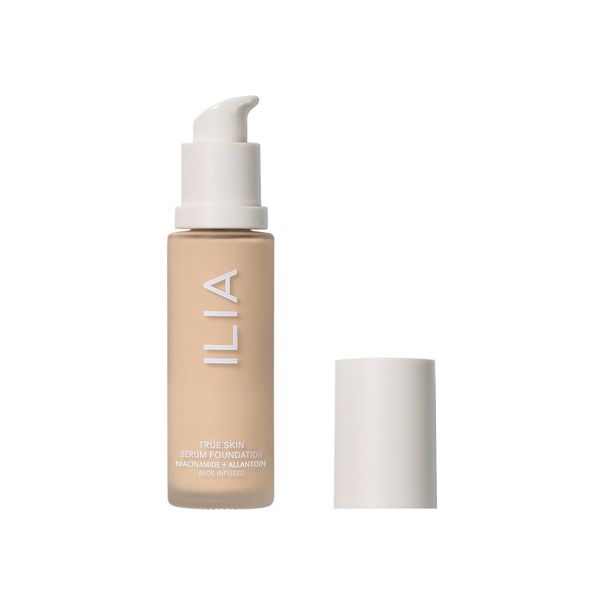 ILIA True Skin Serum Foundation bottle and pump showing weightless coverage for sensitive skin.