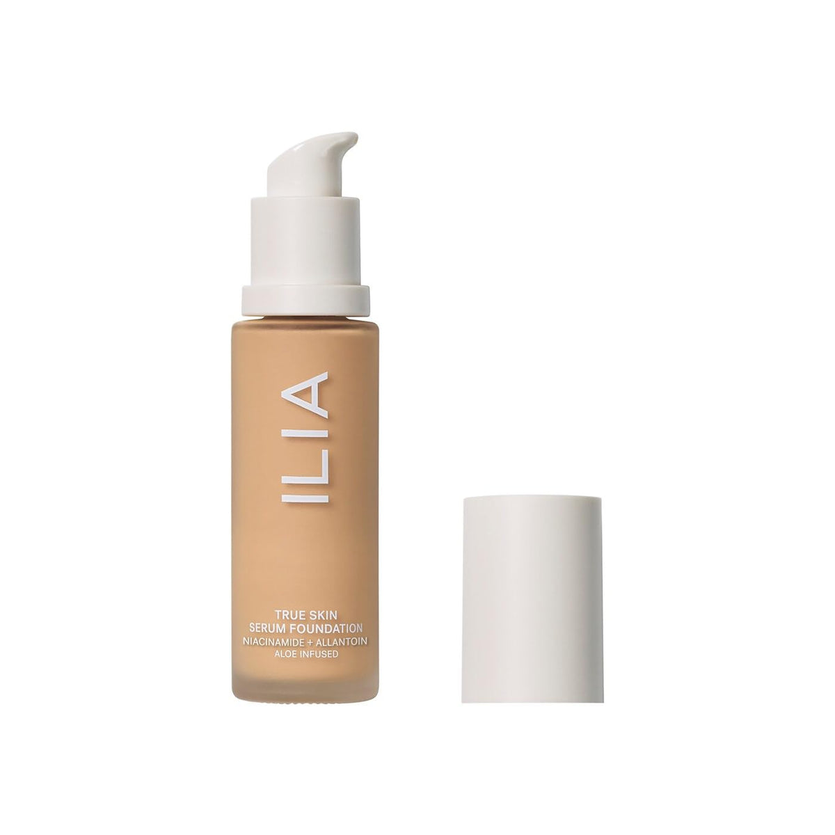 ILIA True Skin Serum Foundation bottle shows weightless coverage