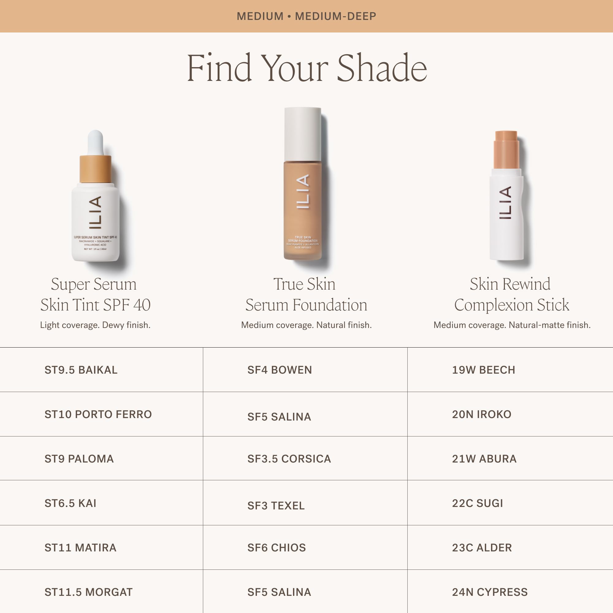 ILIA SF5 shade swatch indicates neutral undertones for light-medium skin