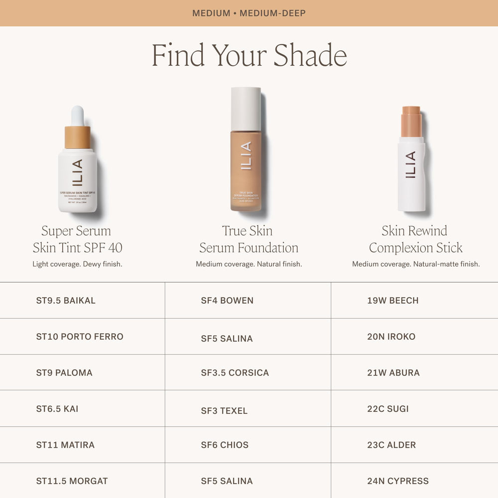 ILIA SF5 shade swatch indicates neutral undertones for light-medium skin
