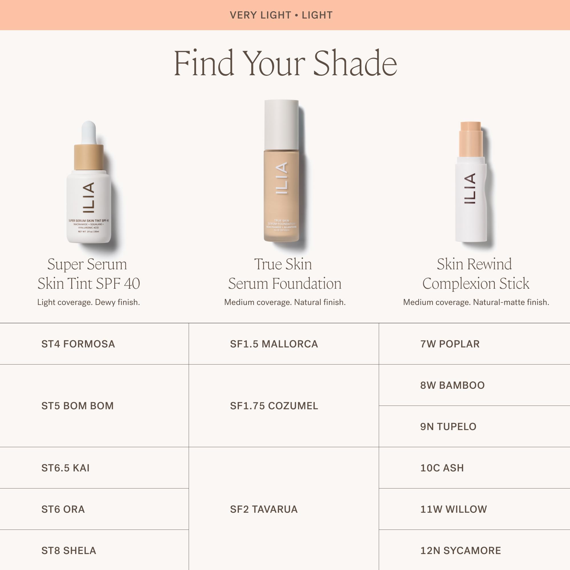 ILIA True Skin Serum Foundation tone-range swatch shows versatile shade range.