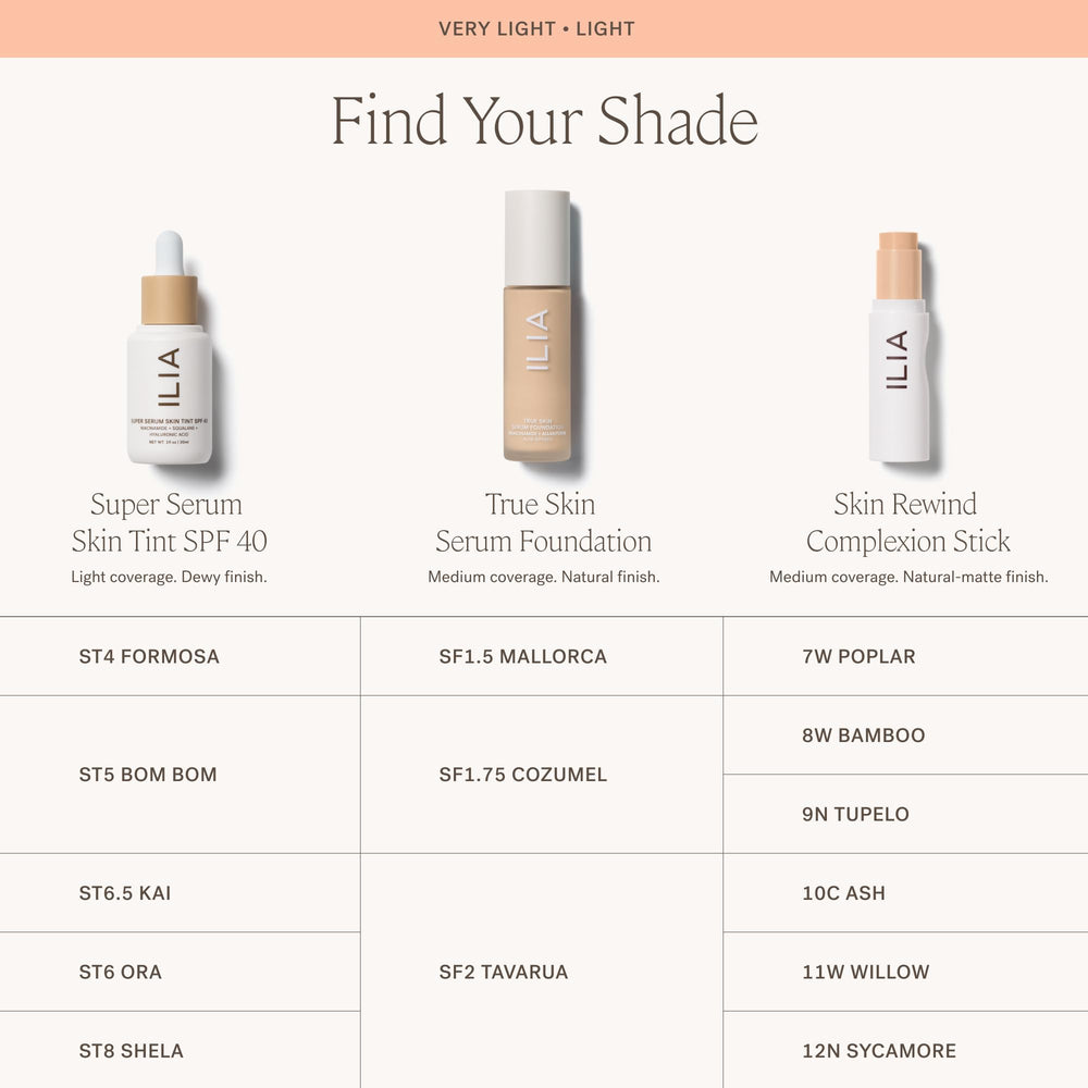 ILIA True Skin Serum Foundation tone-range swatch shows versatile shade range.