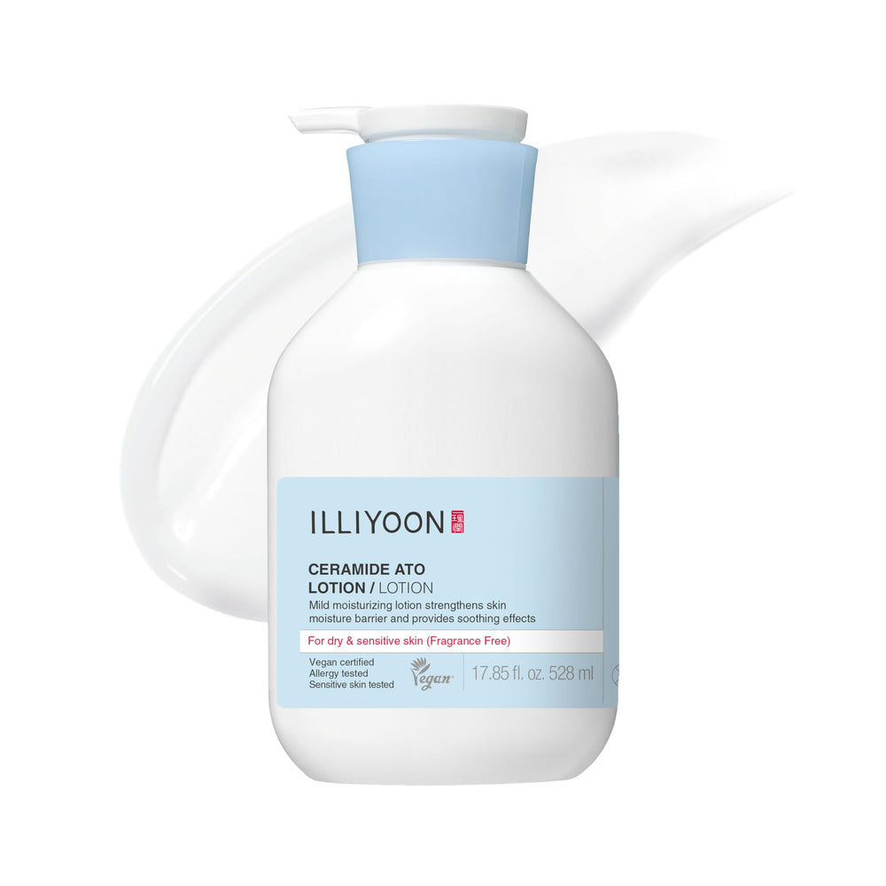 Illiyoon Ceramide Ato Lotion 528ml bottle for deep hydration across skin types.