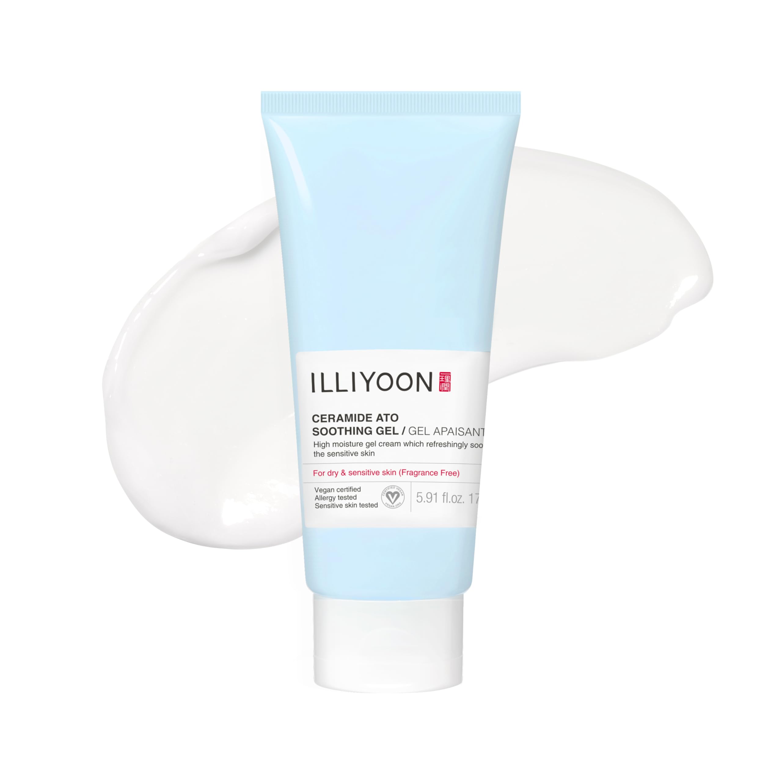 Illiyoon Ceramide Ato Soothing Gel bottle provides cooling, long-lasting moisture for sensitive skin.