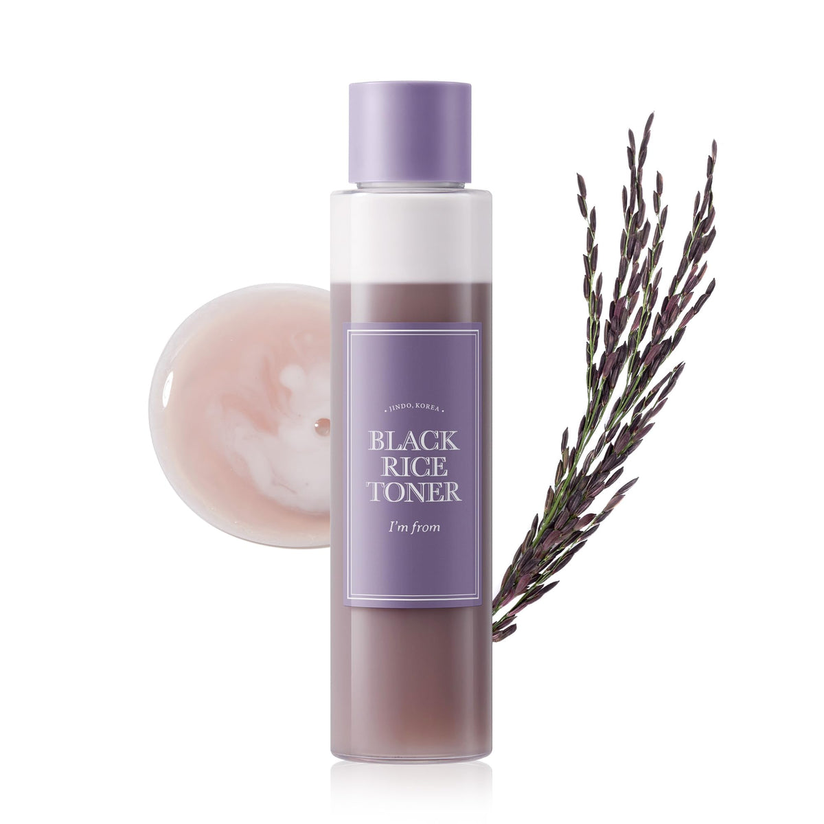I'm from Black Rice Toner bottle close-up showing fragrance-free lightweight hydration for oily skin.