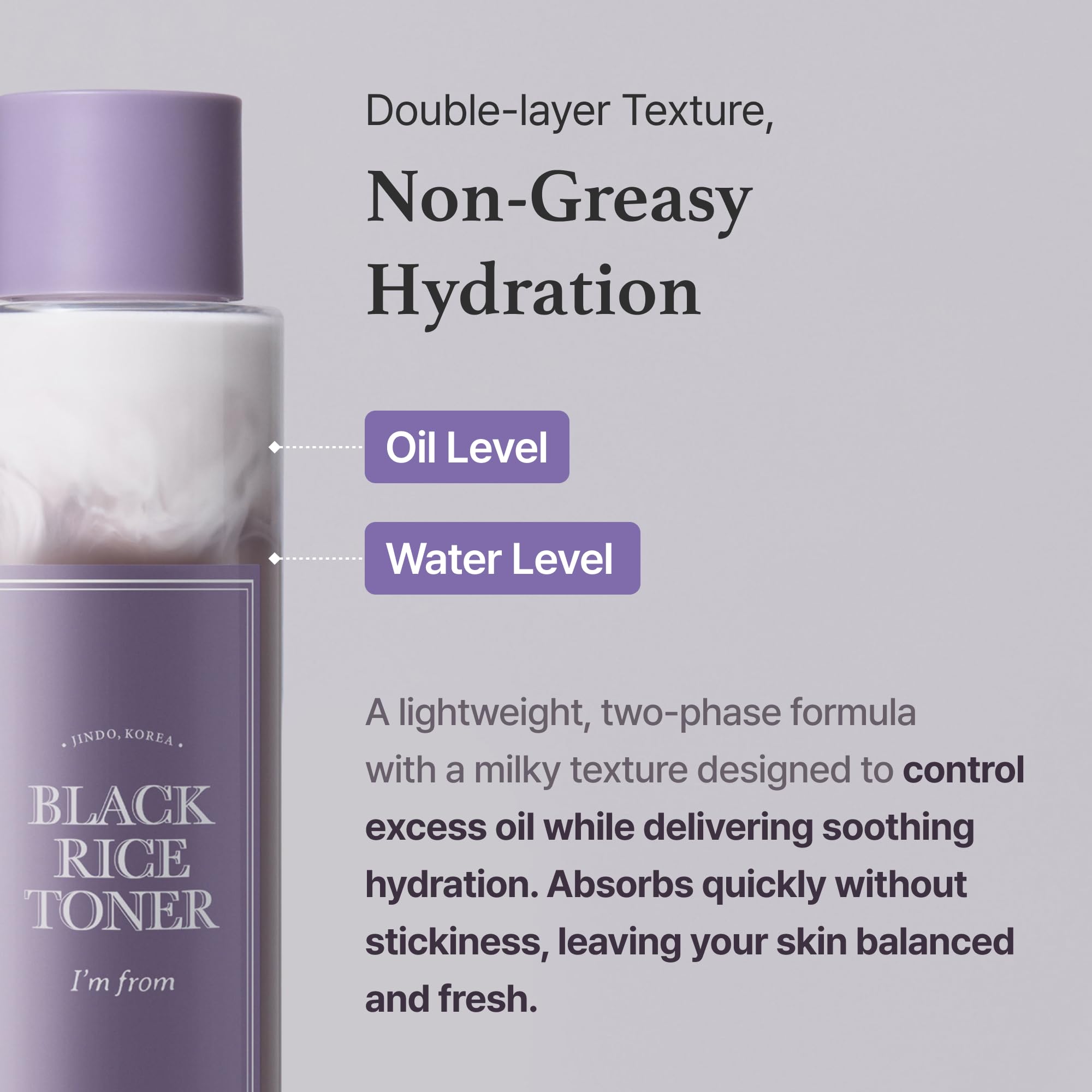 I'm from Black Rice Toner application shot highlighting sebum-friendly finish on oily skin.