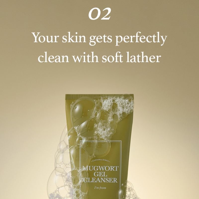 I'm from Mugwort Gel Cleanser application scene conveys gentle massage for irritated skin.