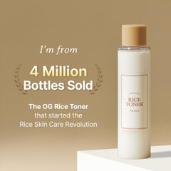 I'm from Rice Toner milky texture pump highlights hydrating, skin-softening application.