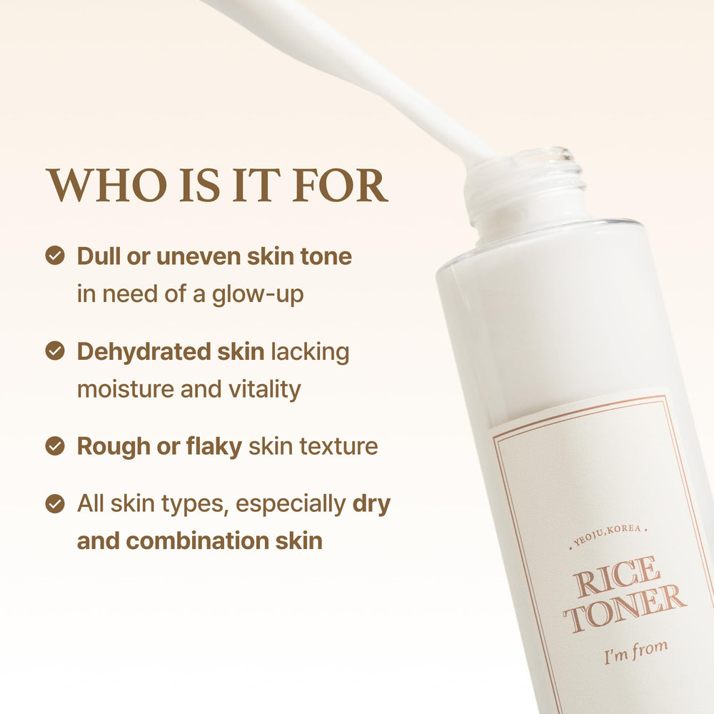I'm from Rice Toner travel dispenser image implies on-the-go refresh.