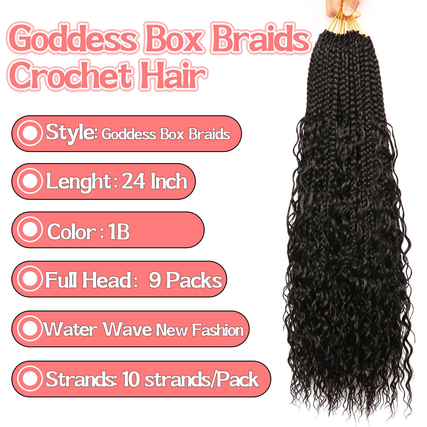 Su Mei.s Goddess Box Braids Crochet Hair - 24in Water Wave Boho Braids (9 Pack, 1B#)