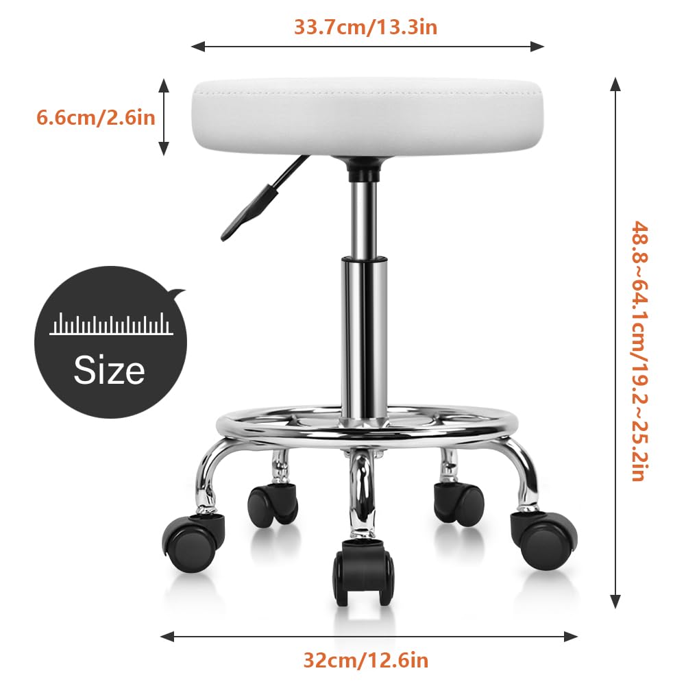 KKTONER PU Leather Round Rolling Stool with Foot Rest Swivel Height Adjustable Stool Spa Drafting Salon Tattoo Work Office Massage Task Chair White Small (White)