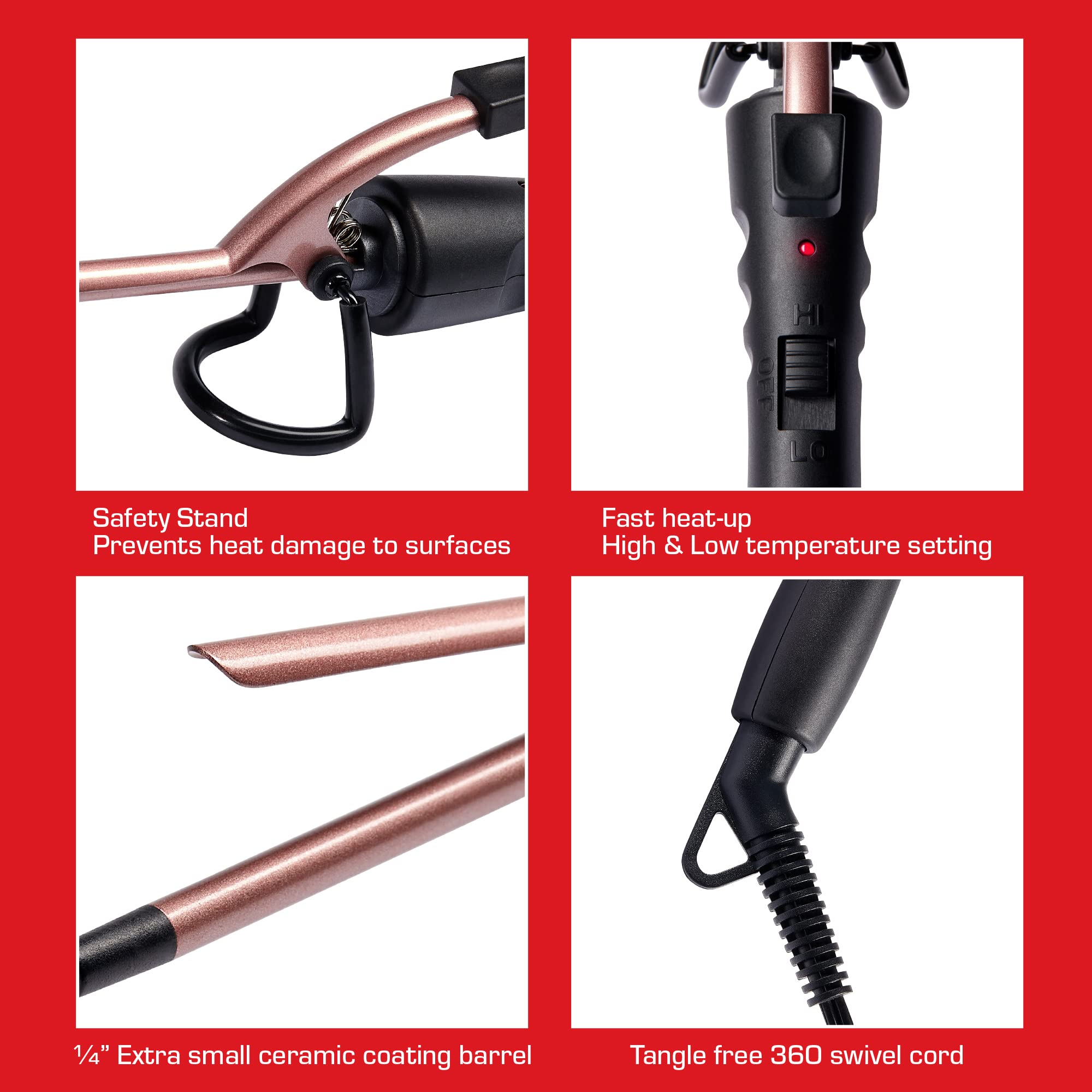 Red by Kiss RED 1/4 Inch Thin Curling Iron, Pencil Curling Iron, Extra Small Ceramic Coating Barrel, Skinny Curling Iron Wand for Long & Short Hair