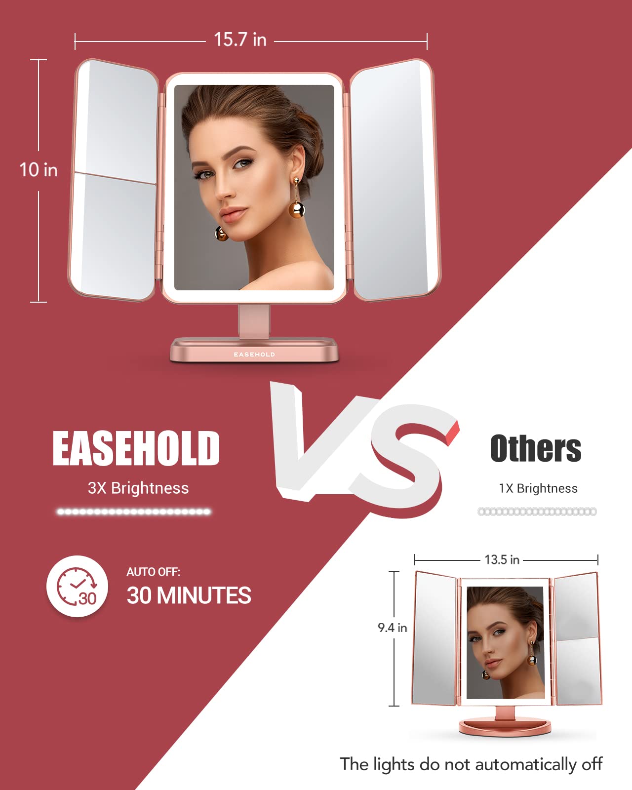 EASEHOLD Rechargeable Vanity Mirror with Lights | 116 LEDs, 3-Color Temp, 2x/3x/10x Magnification, 5000mAh