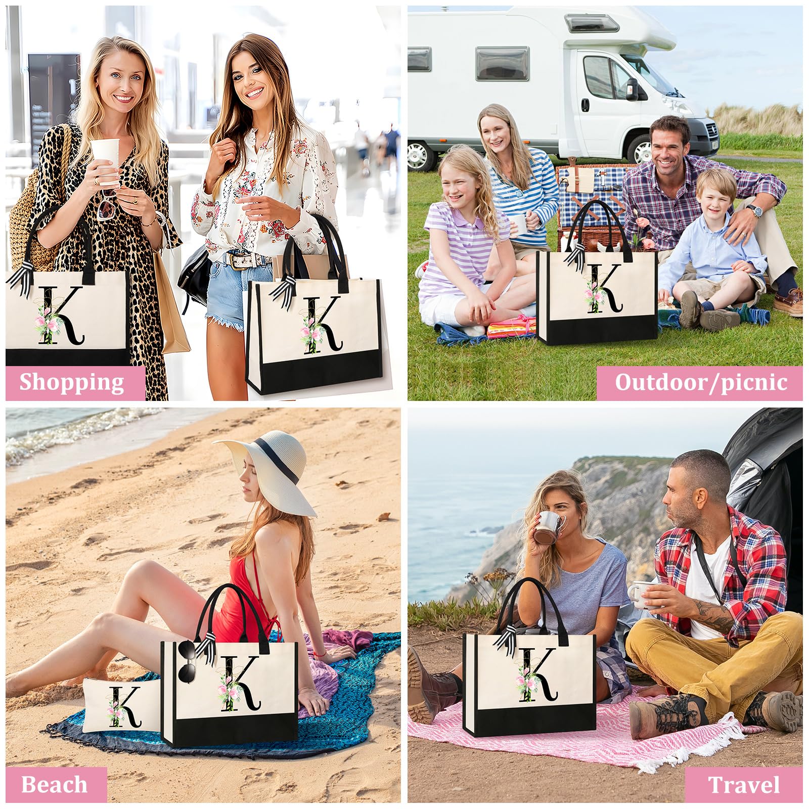AYGE Personalized Initial Canvas Beach Tote, Monogrammed Gifts for Women, Makeup Bag, Birthday Gifts for Sister, Mom, Teacher, Bridesmaid (K)