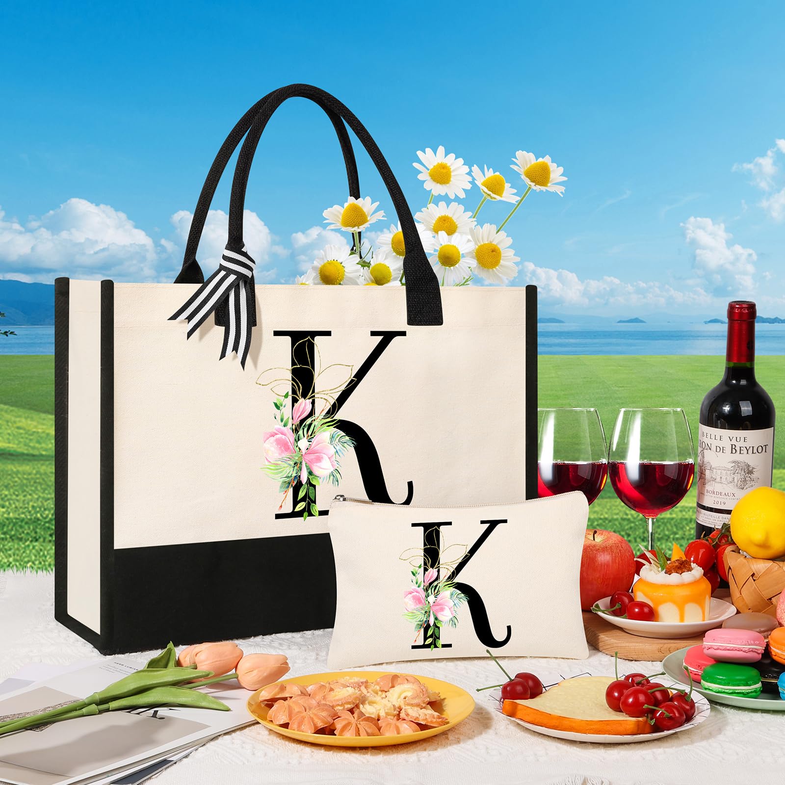 AYGE Personalized Initial Canvas Beach Tote, Monogrammed Gifts for Women, Makeup Bag, Birthday Gifts for Sister, Mom, Teacher, Bridesmaid (K)