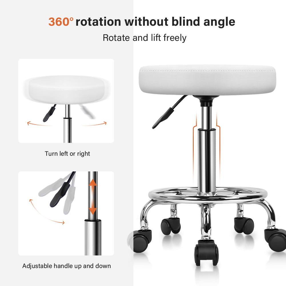 KKTONER PU Leather Round Rolling Stool with Foot Rest Swivel Height Adjustable Stool Spa Drafting Salon Tattoo Work Office Massage Task Chair White Small (White)