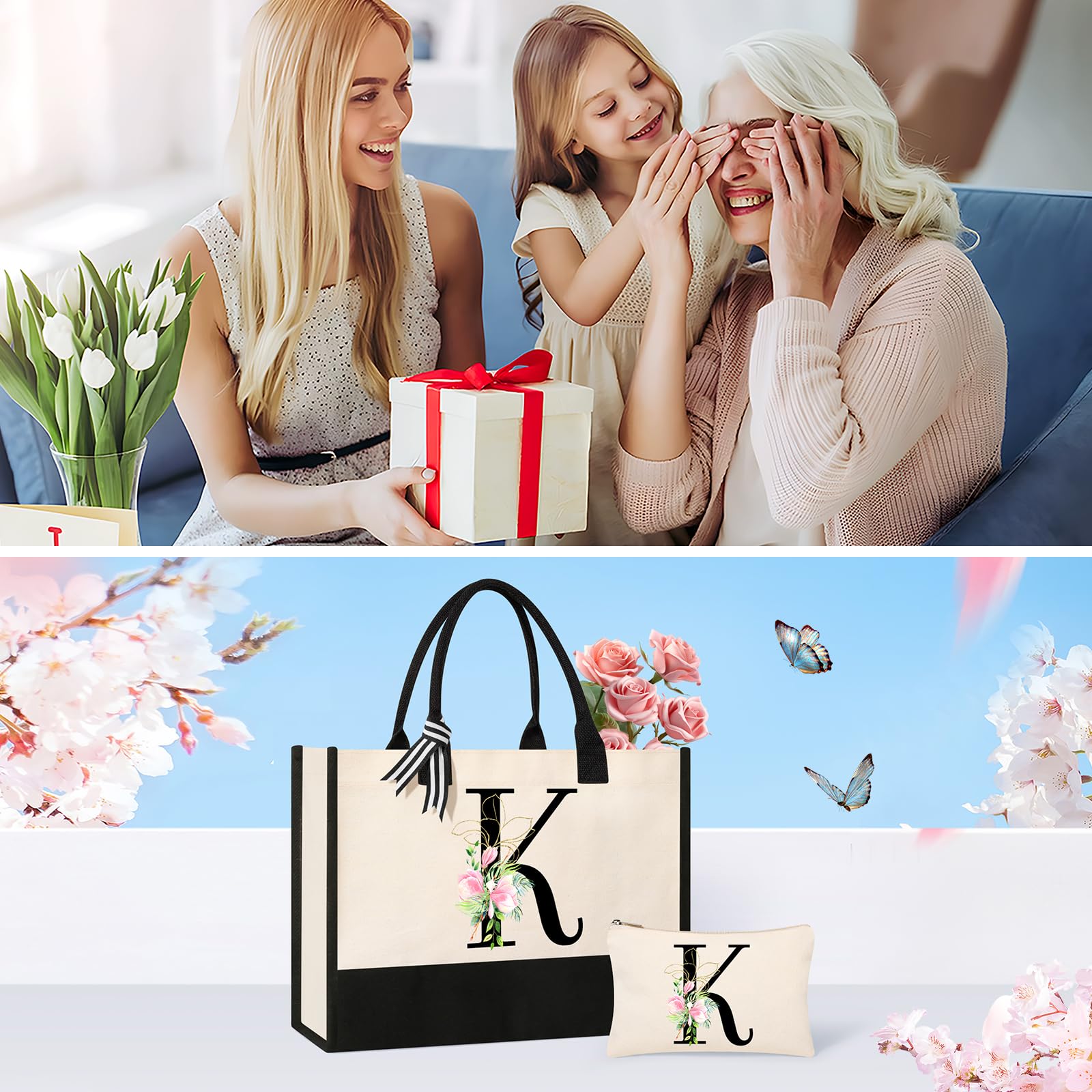AYGE Personalized Initial Canvas Beach Tote, Monogrammed Gifts for Women, Makeup Bag, Birthday Gifts for Sister, Mom, Teacher, Bridesmaid (K)