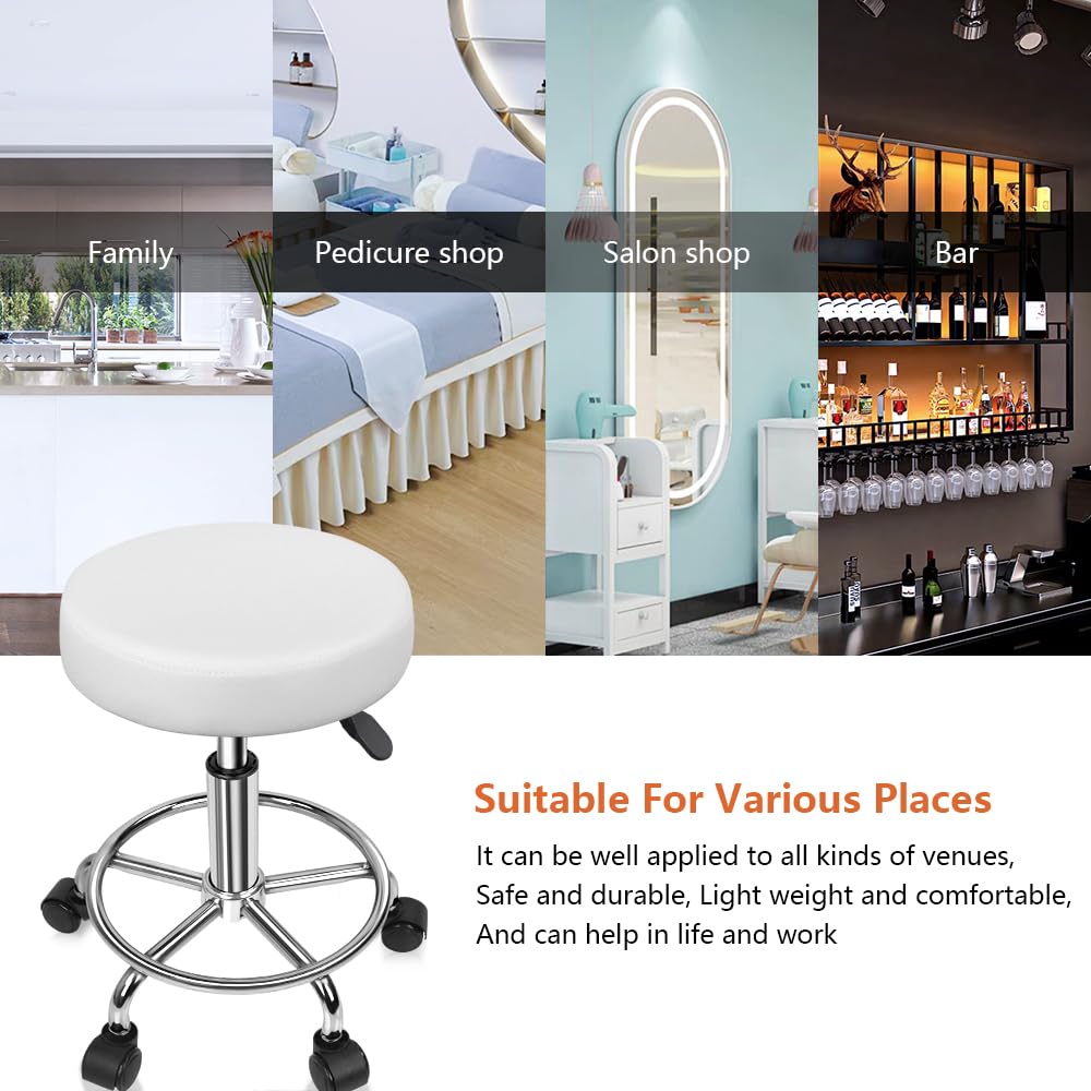KKTONER PU Leather Round Rolling Stool with Foot Rest Swivel Height Adjustable Stool Spa Drafting Salon Tattoo Work Office Massage Task Chair White Small (White)
