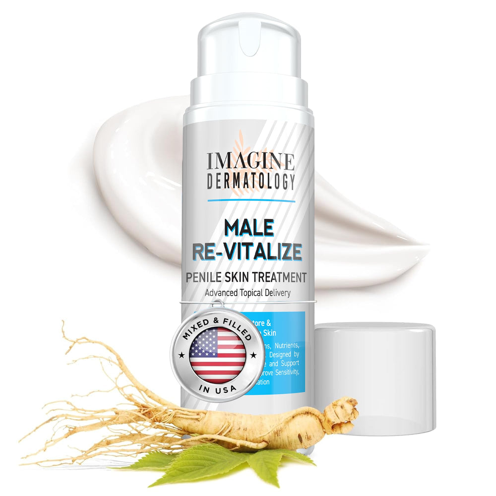 Imagine Dermatology Male Re-Vitalize cream bottle shows deep hydration for sensitive penile skin comfort