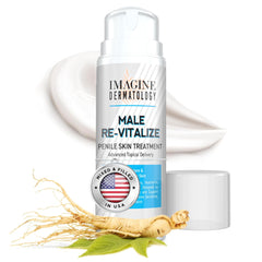 Imagine Dermatology Male Re-Vitalize cream bottle shows deep hydration for sensitive penile skin comfort