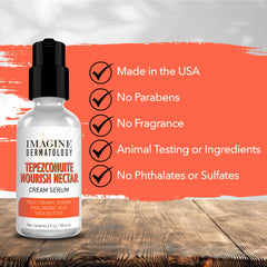 Imagine Dermatology Tepezcohuite Nourish Nectar application on half-face suggesting even skin tone