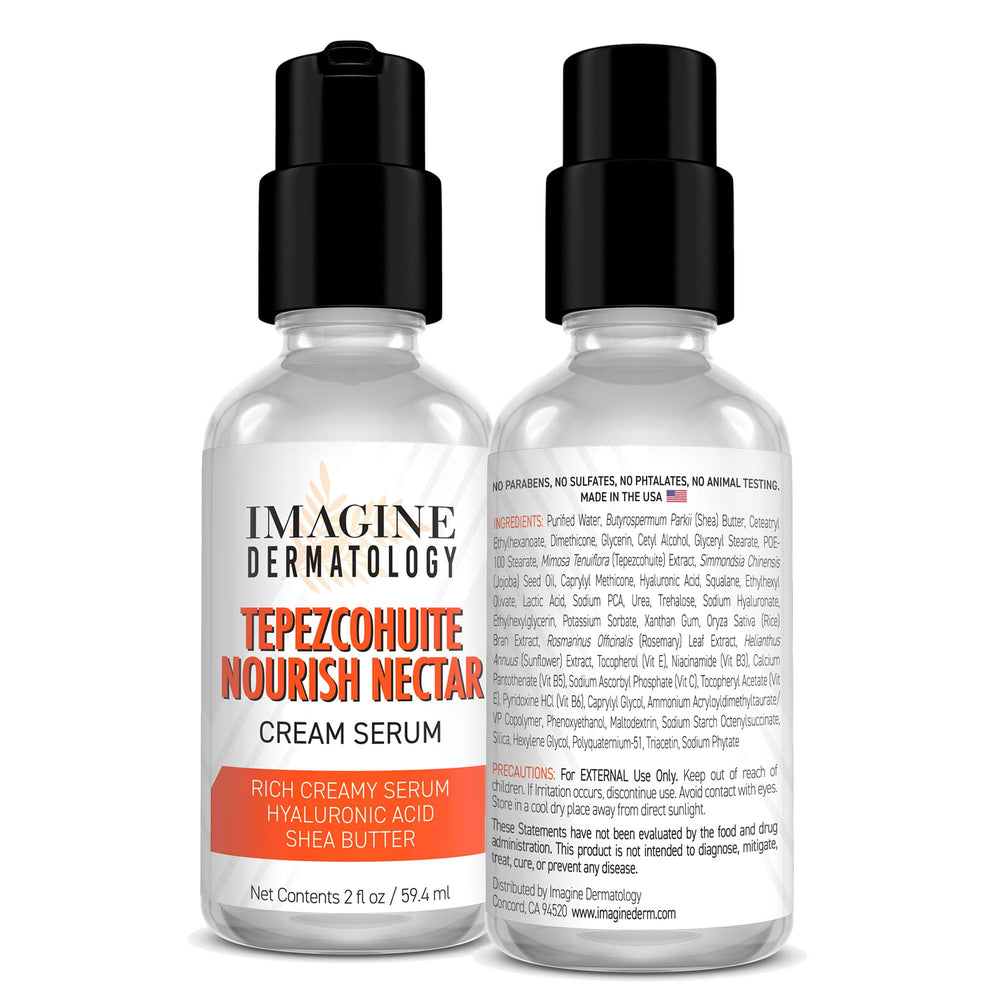 Imagine Dermatology Tepezcohuite Nourish Nectar jar close-up shows fragrance-free silky texture