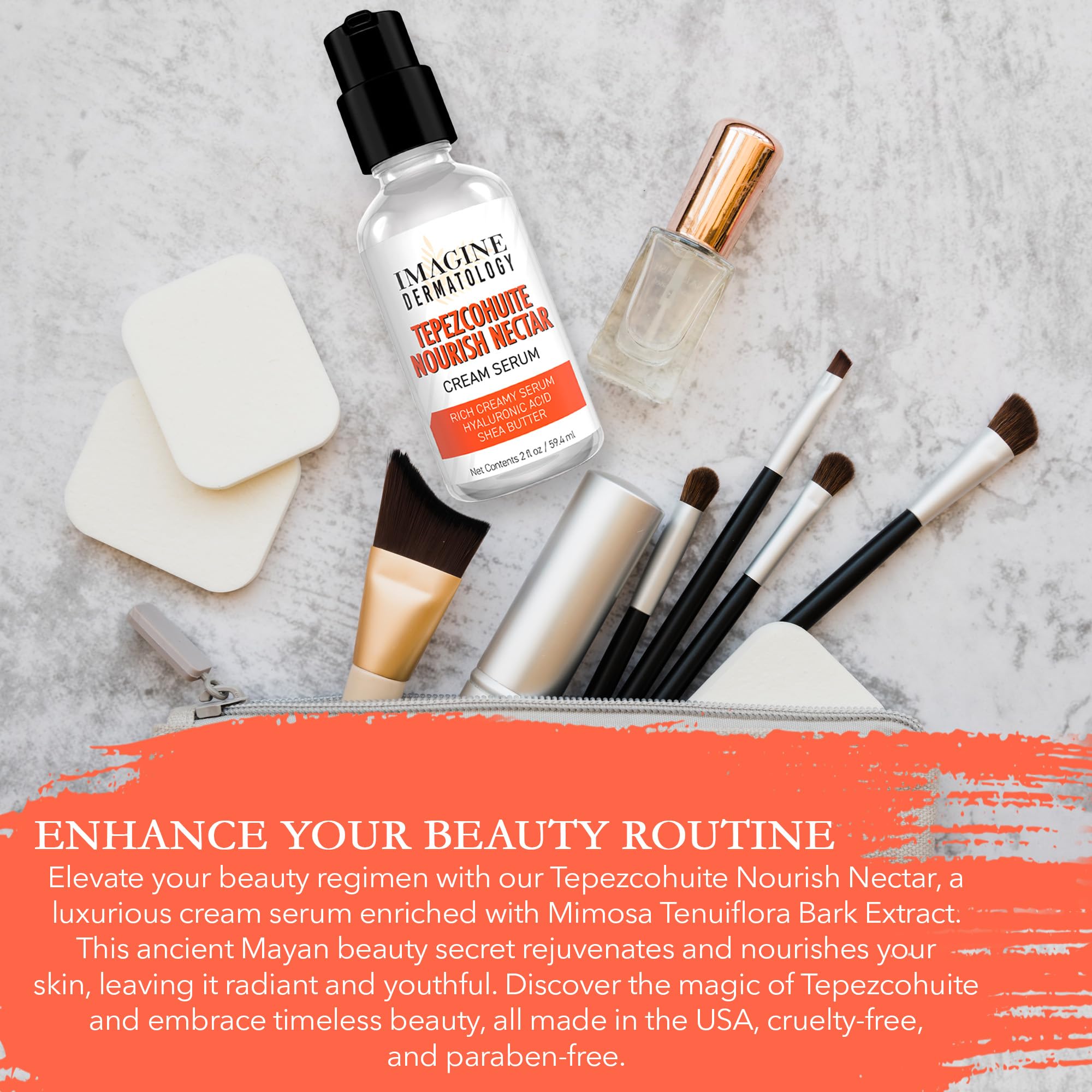 Imagine Dermatology Tepezcohuite Nourish Nectar USA-made packaging on vanity display