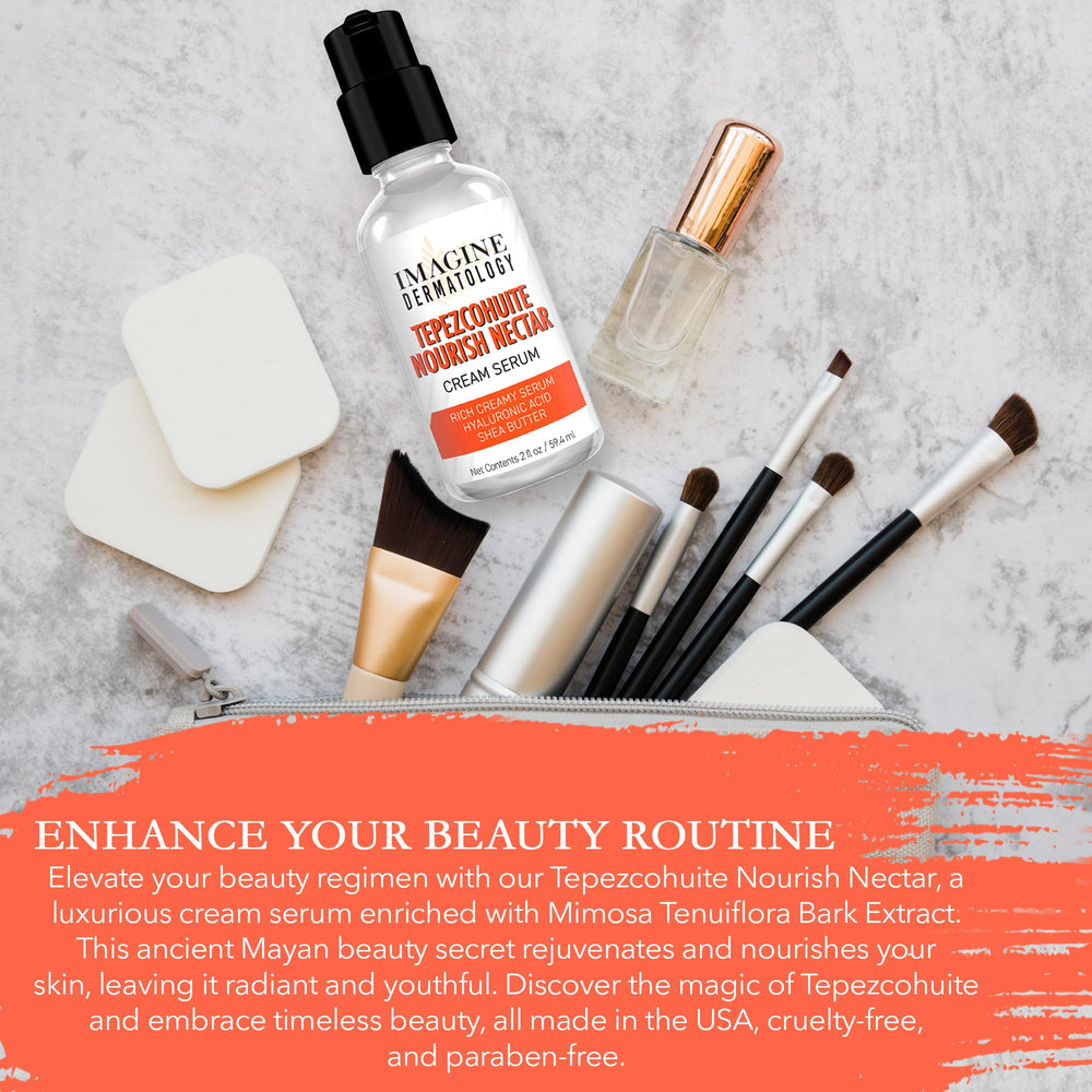 Imagine Dermatology Tepezcohuite Nourish Nectar USA-made packaging on vanity display