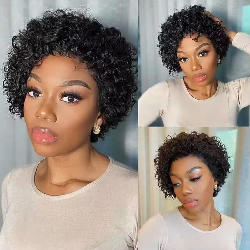 IMANI HAIR short curly pixie wig top view showing volume