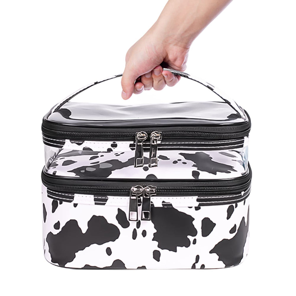 Imerelez cow print bag; gift-ready packaging for stylish makeup storage.