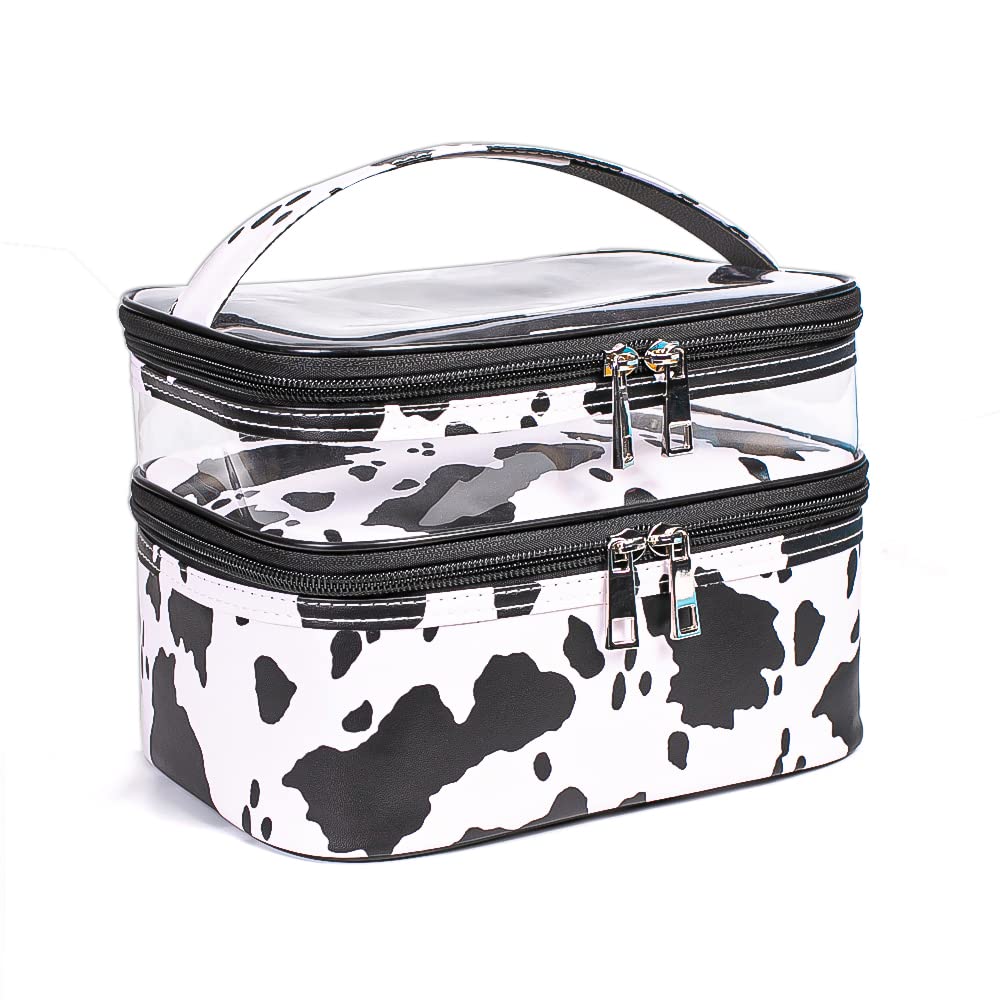 Imerelez double-layer cosmetic bag in cow print; top view for organized makeup.