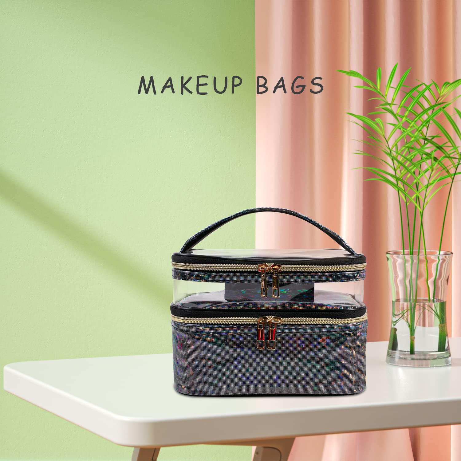 Imerelez double-layer makeup bag foldable portable design folds flat when not in use.