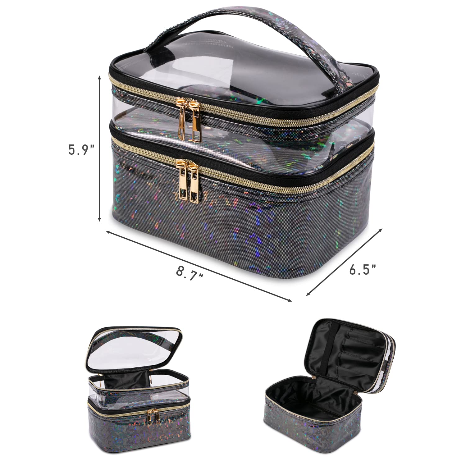 Imerelez double-layer makeup bag layered design keeps brushes and items neatly separated.