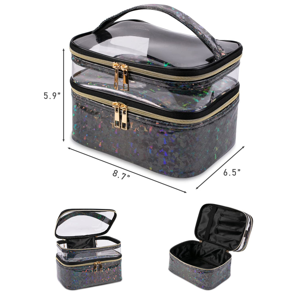 Imerelez double-layer makeup bag layered design keeps brushes and items neatly separated.
