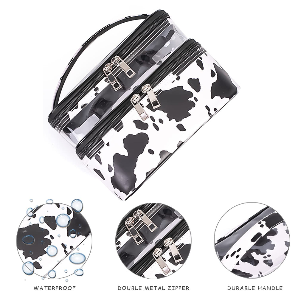 Imerelez makeup bag layered compartments; clear top enables quick access.
