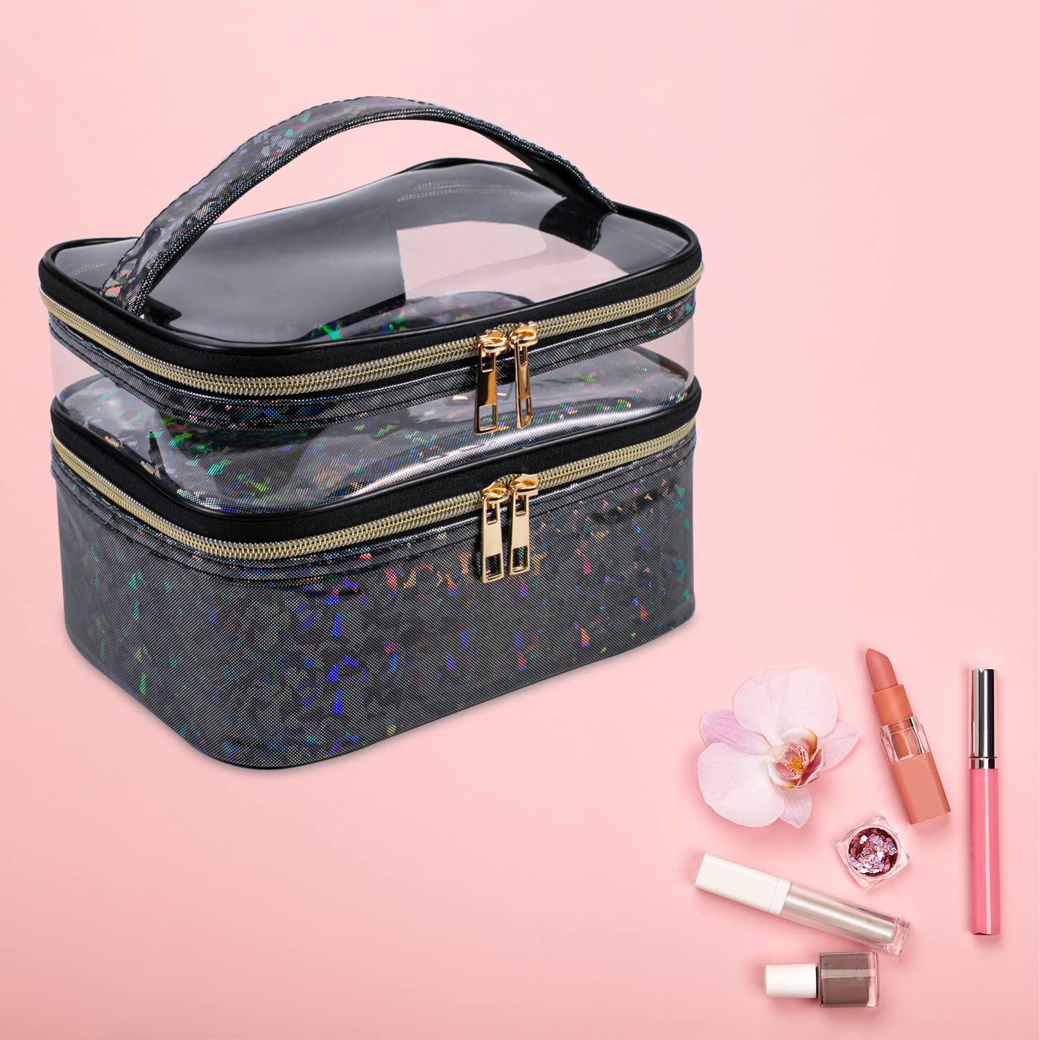 Imerelez makeup bag transparent top layer helps locate daily essentials quickly.