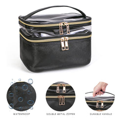 Imerelez multi-function makeup bag layout demonstrates organized storage for cosmetics and toiletries.